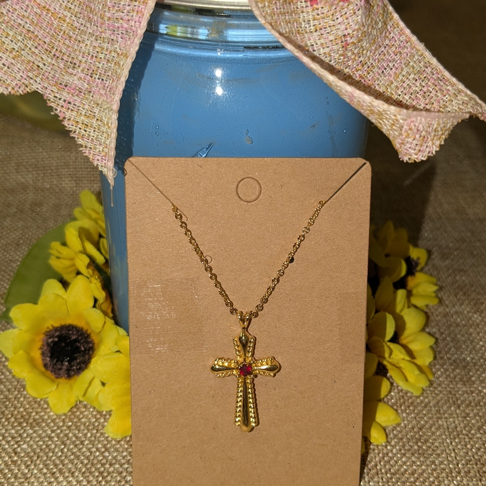 Gold Cross Necklace with Red Gem